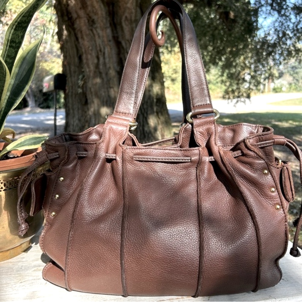 ANA Dark Brown Soft Pebbled Genuine Leather Shoulder Bag W/ Cinch Tie Front